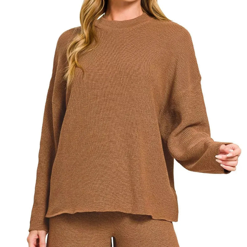 Round Neck Knit Top and Shorts Sweater Set