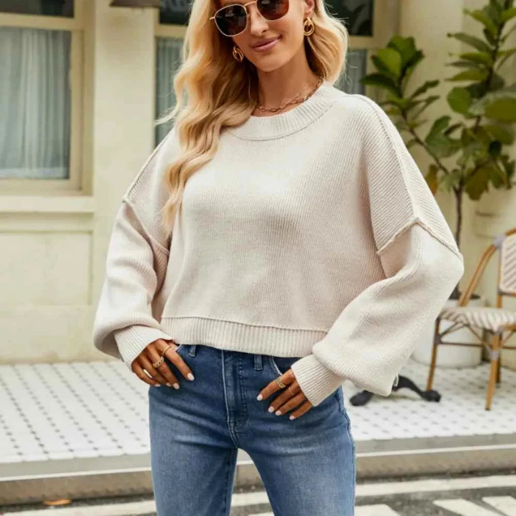 Ribbed Round Neck Lantern Sleeve Sweater