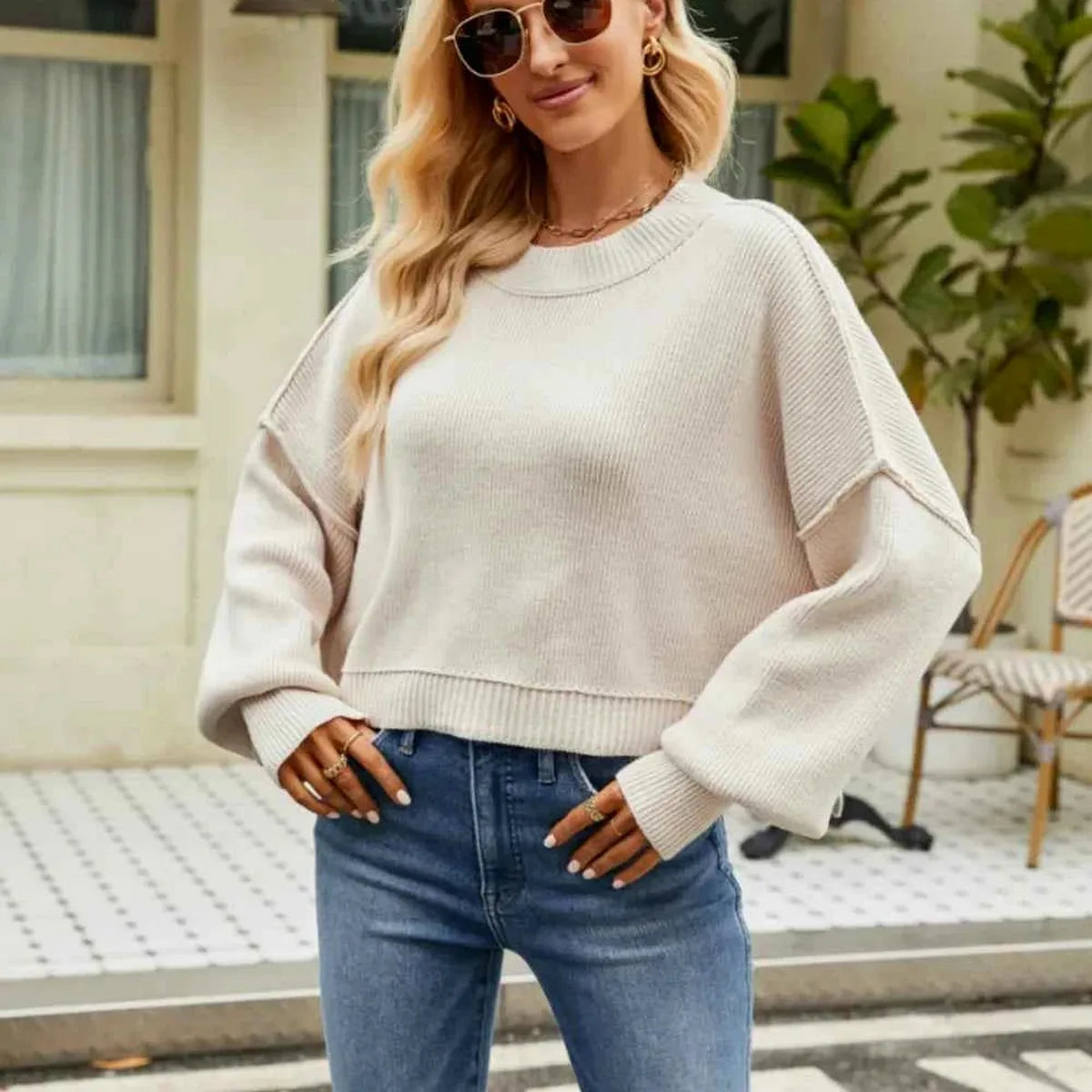 Ribbed Round Neck Lantern Sleeve Sweater