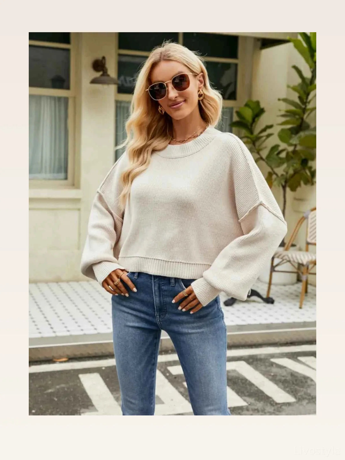 Ribbed Round Neck Lantern Sleeve Sweater