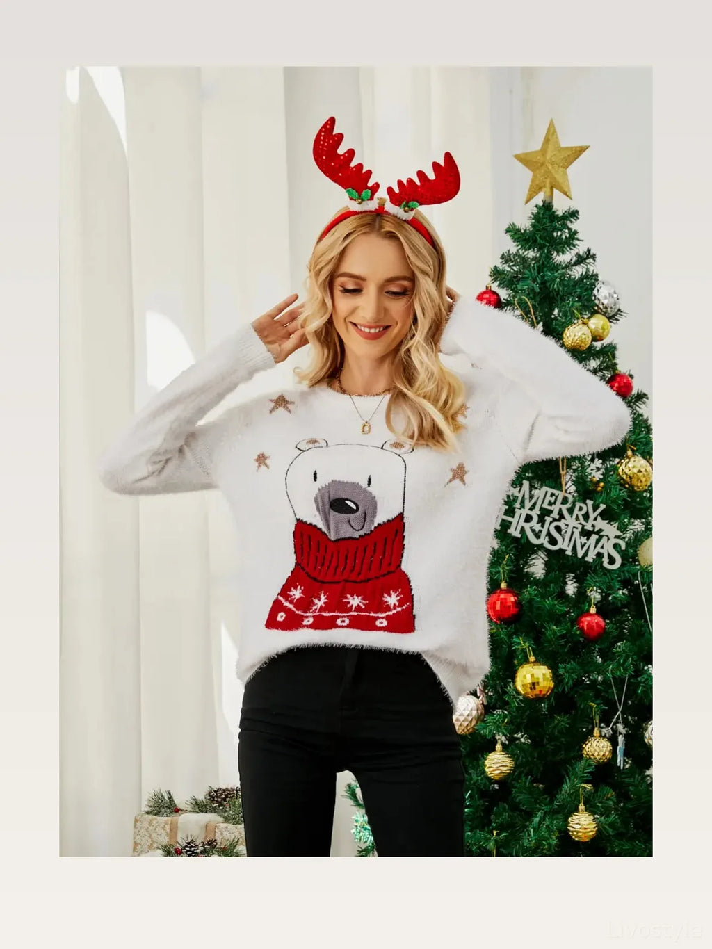 Bear Print Round Neck Long Sleeve Sweater