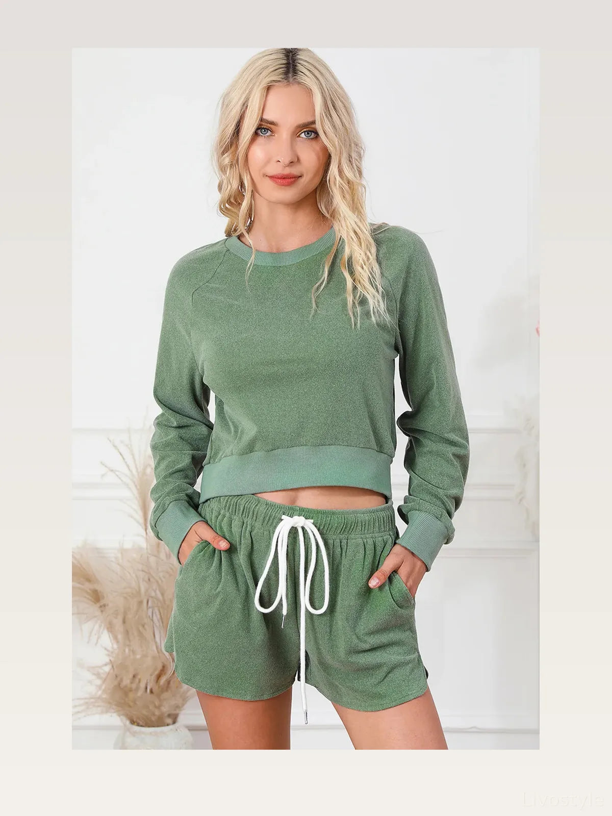Round Neck Long Sleeve Top and Drawstring Shorts Lounge Set