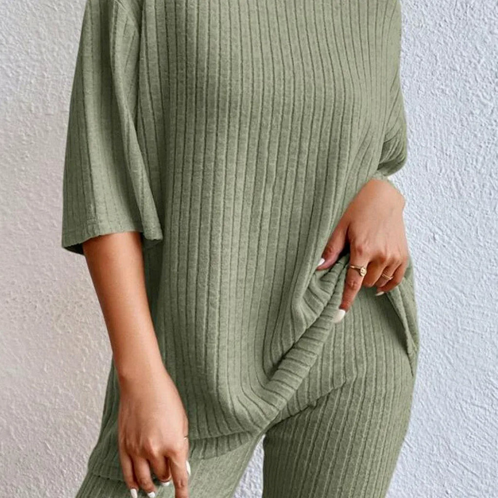 Round Neck Ribbed Top and Drawstring Shorts Lounge Set