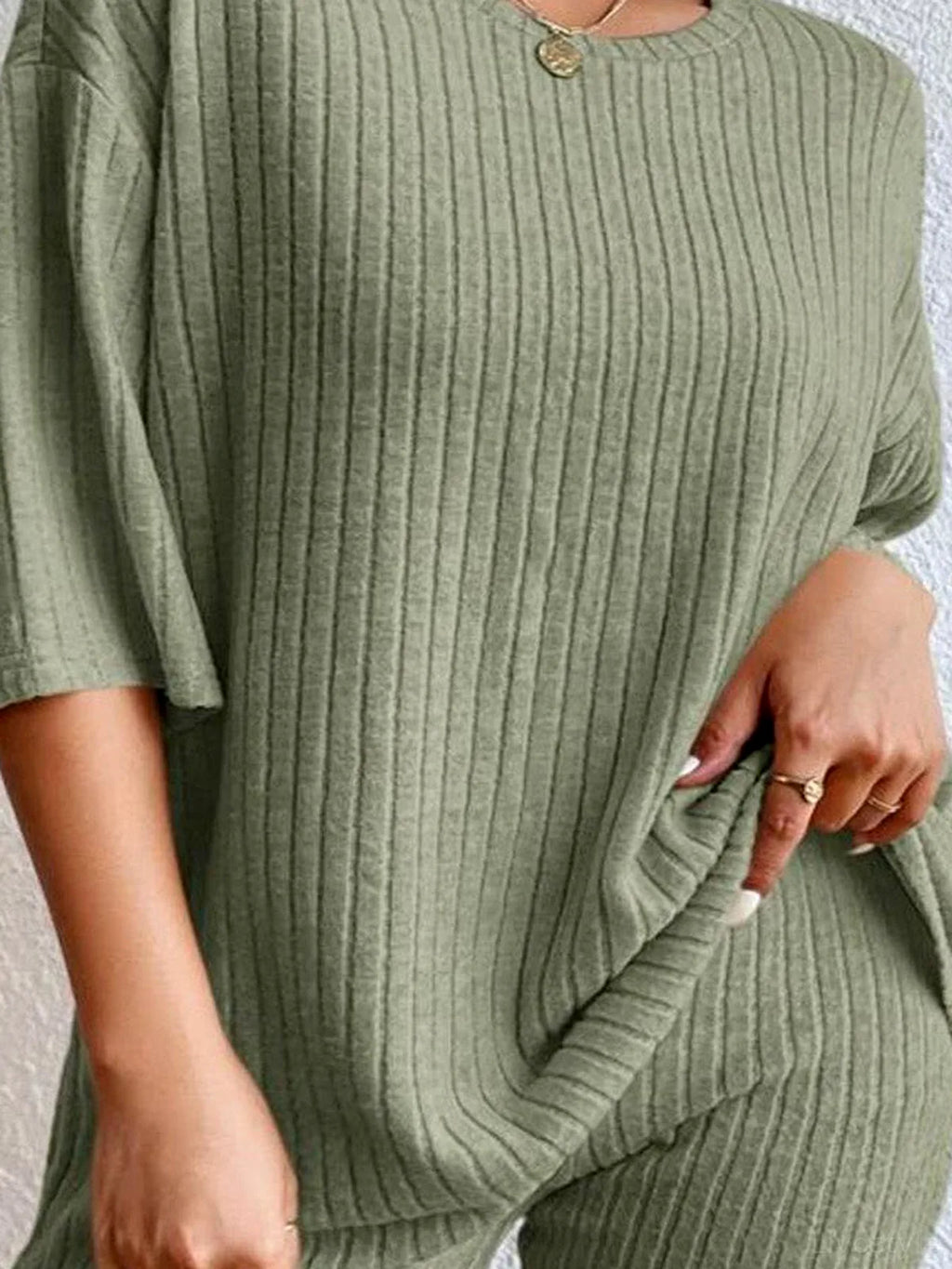 Round Neck Ribbed Top and Drawstring Shorts Lounge Set
