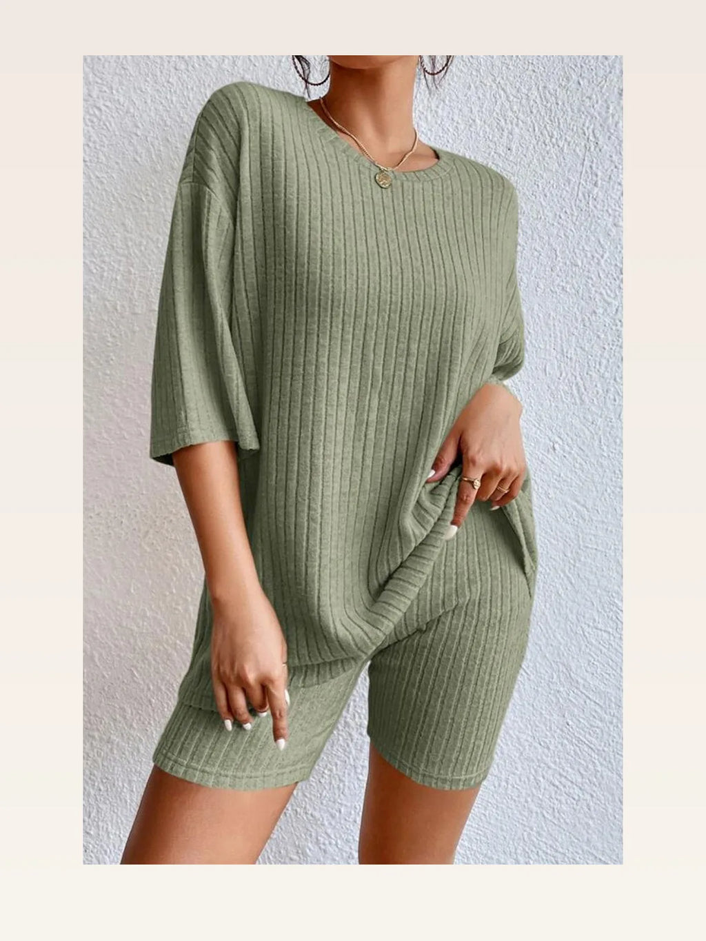Round Neck Ribbed Top and Drawstring Shorts Lounge Set