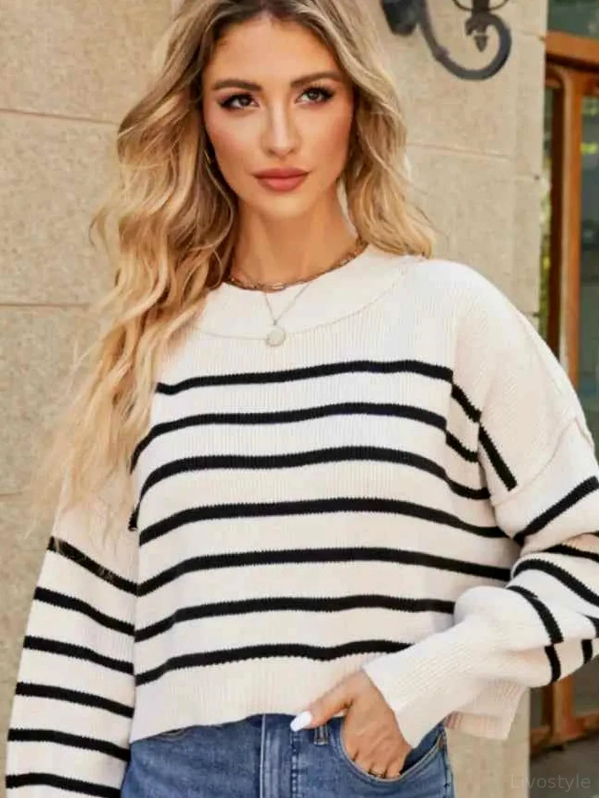 Striped Round Neck Lantern Sleeve Sweater