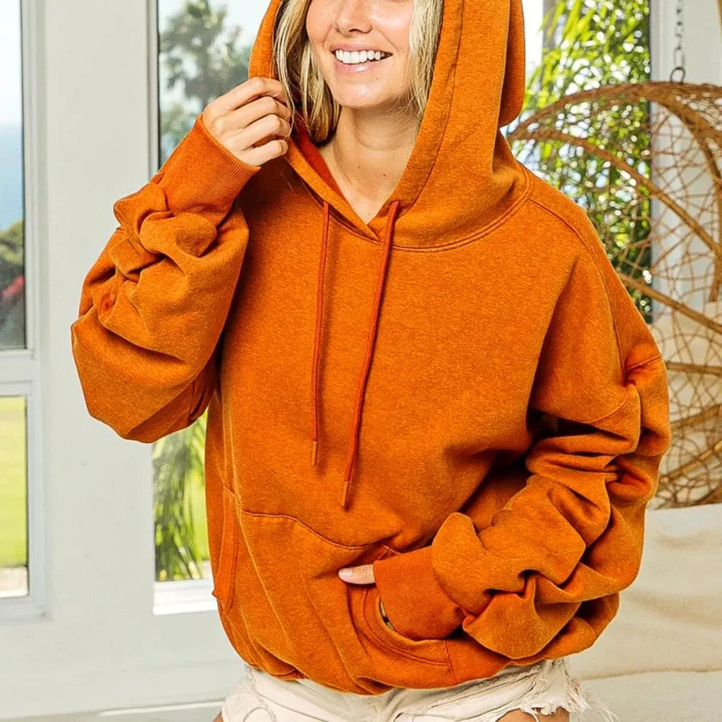 Ruched Fleece Hoodie with Long Sleeves and Kangaroo Pocket