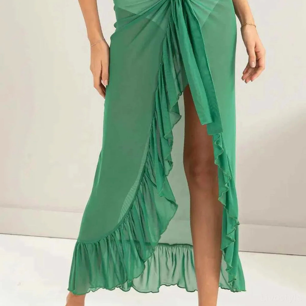 Ruffle Trim Sarong Cover-Up Skirt with Tie Front
