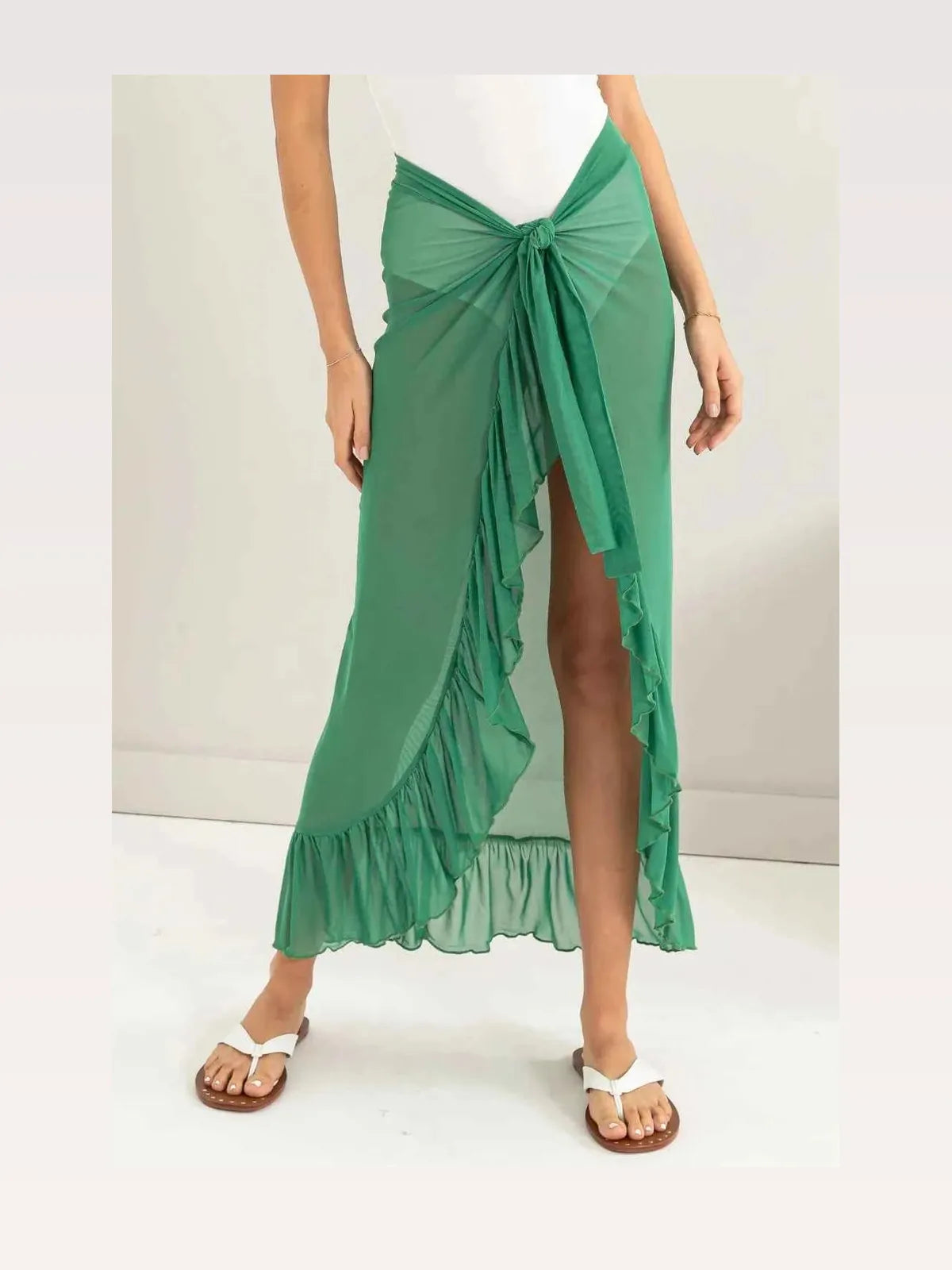 Ruffle Trim Sarong Cover-Up Skirt with Tie Front