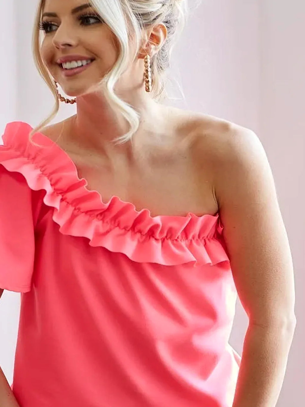 Crepe One-Shoulder Top with Ruffled Detailing