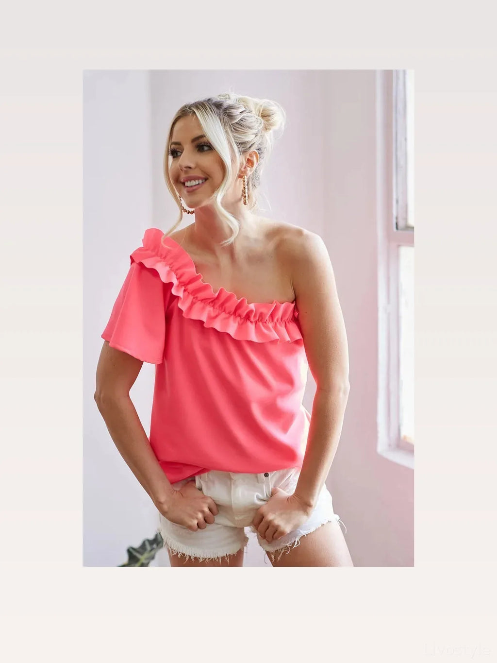 Crepe One-Shoulder Top with Ruffled Detailing