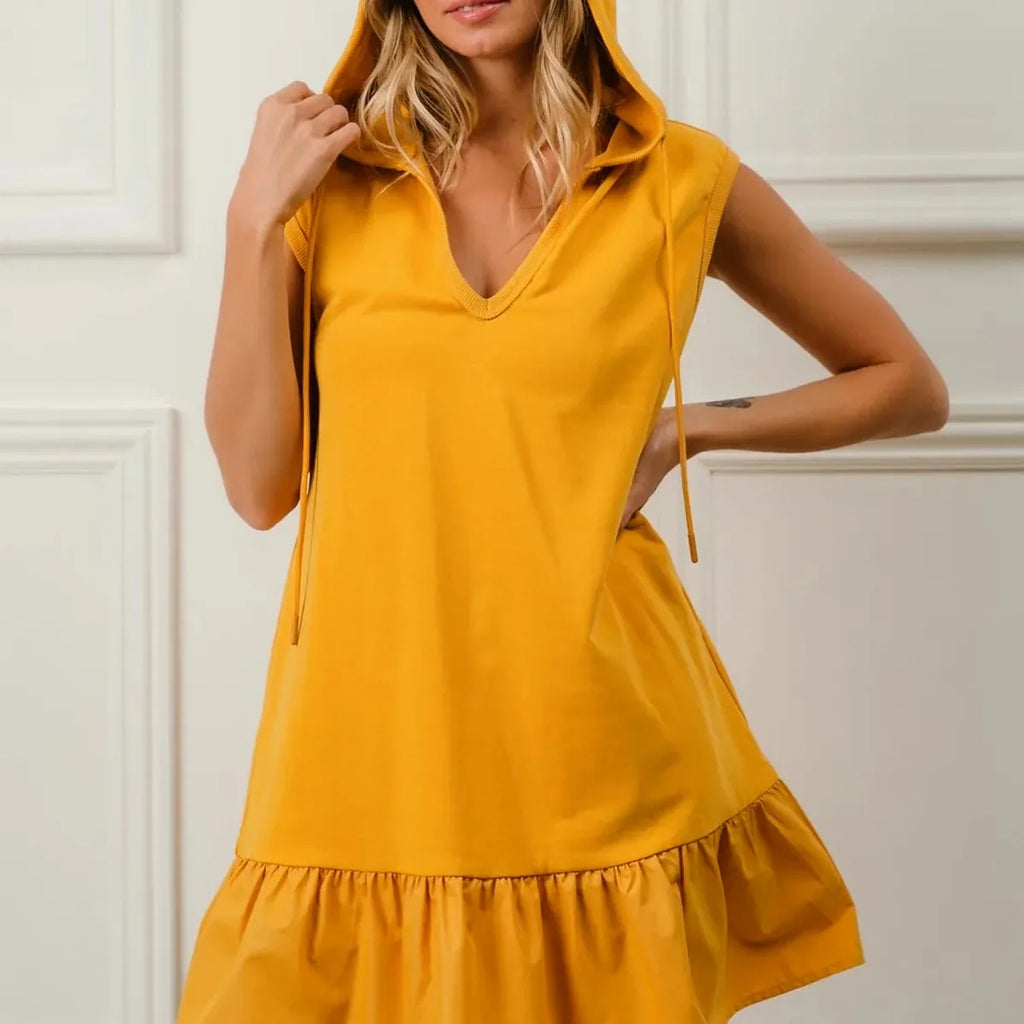Hooded Mini Dress with Ruffles in French Terry