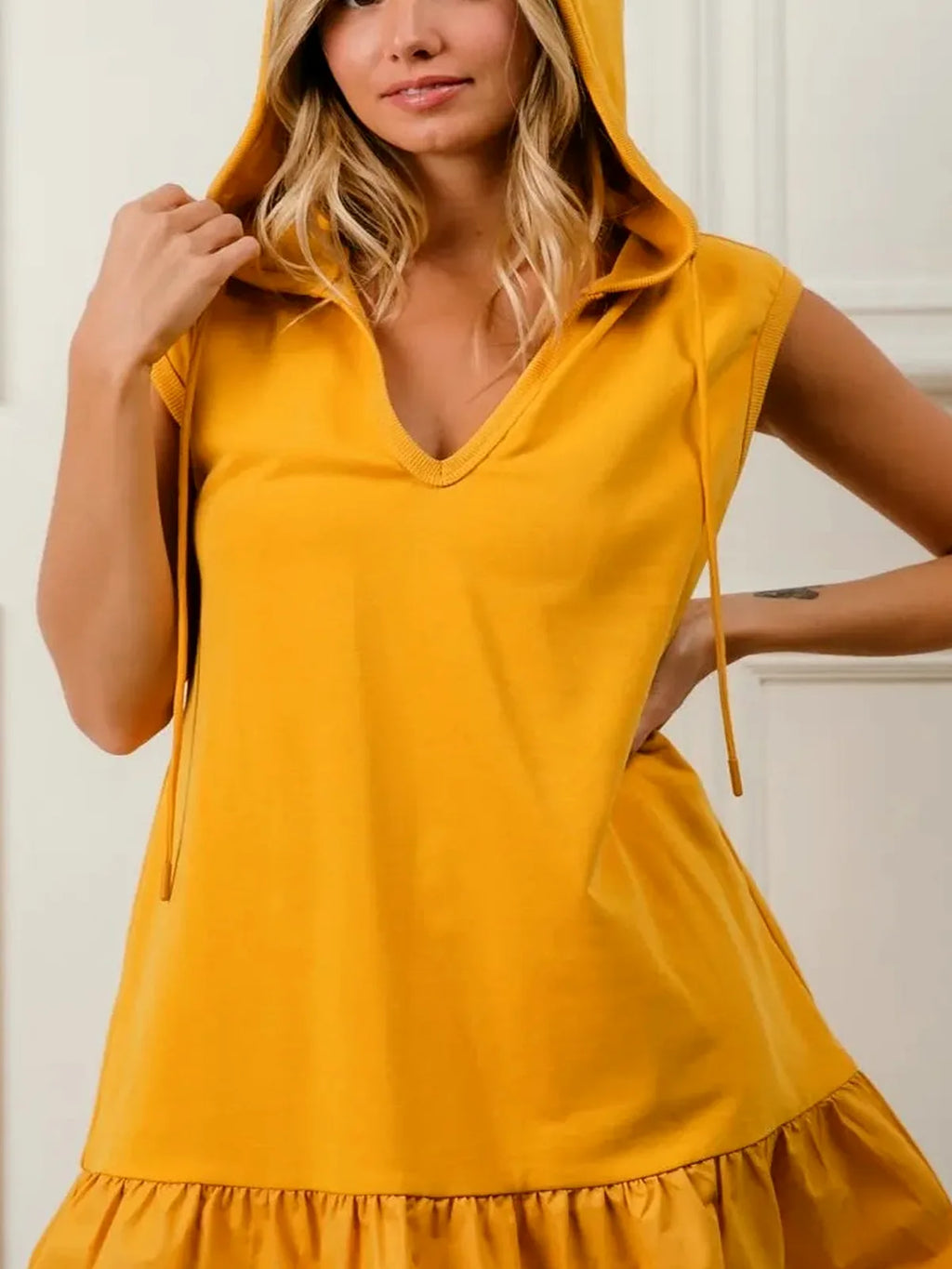 Hooded Mini Dress with Ruffles in French Terry