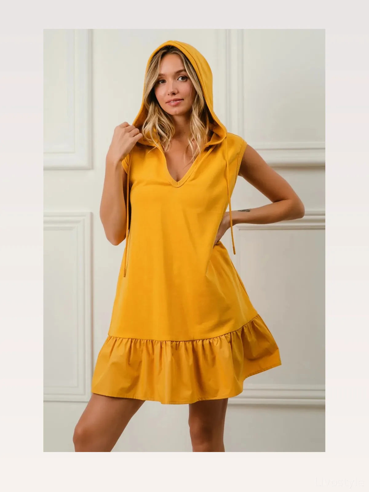 Hooded Mini Dress with Ruffles in French Terry