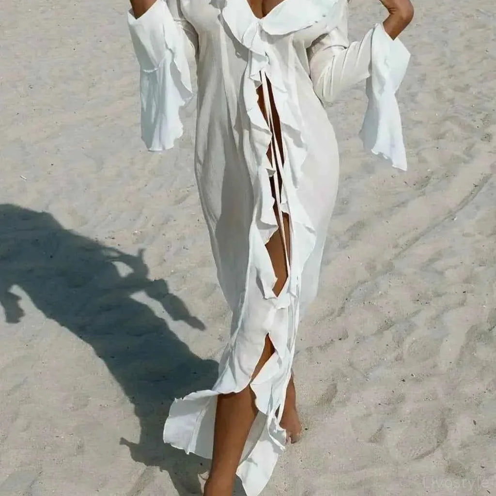 Ruffled Long Sleeve Cover-Up Dress