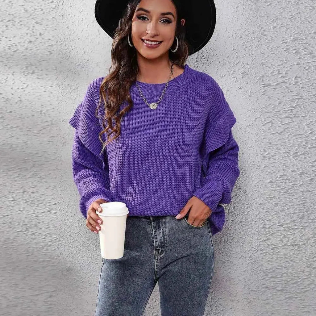 Ruffled Round Neck Dropped Shoulder Ribbed Sweater