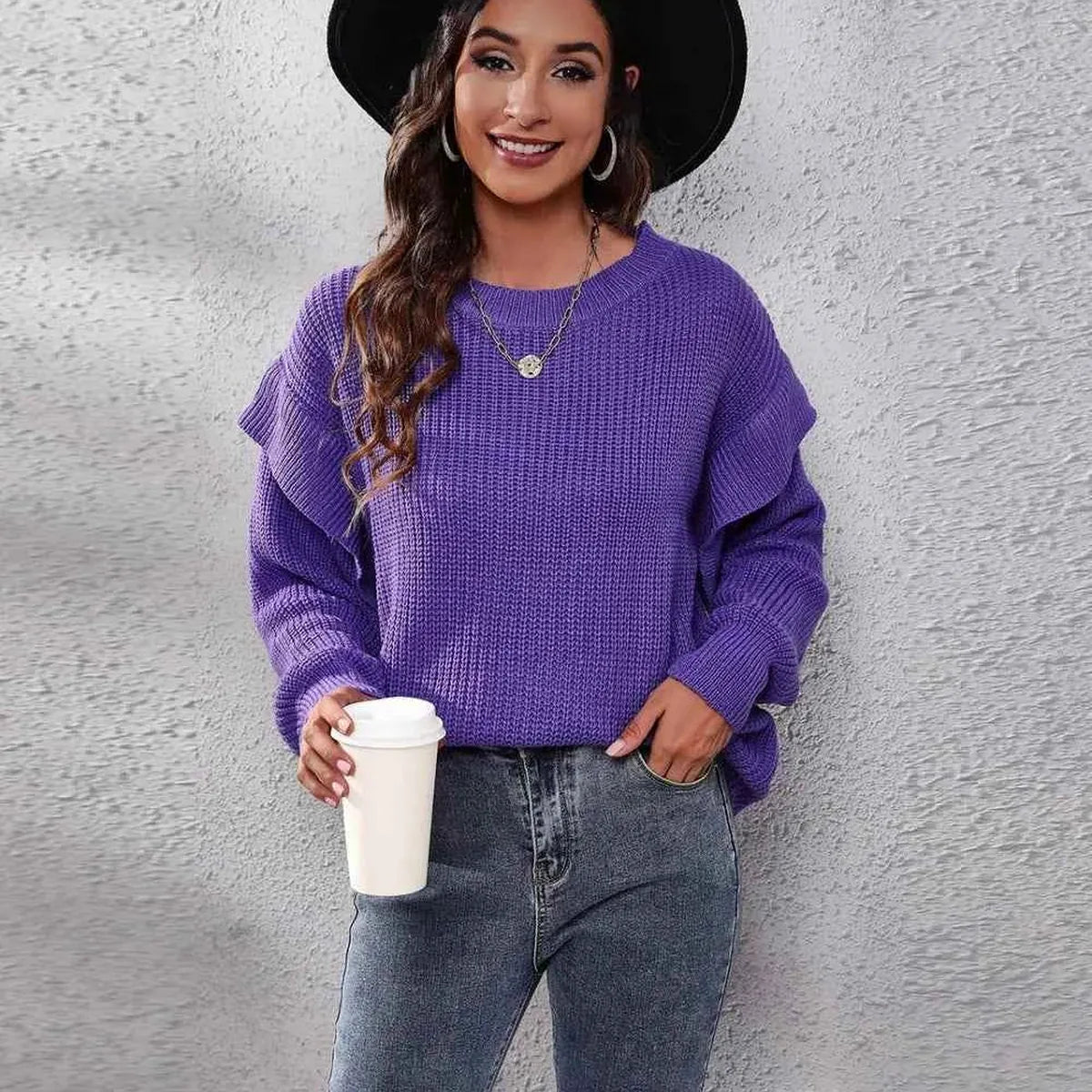 Ruffled Round Neck Dropped Shoulder Ribbed Sweater