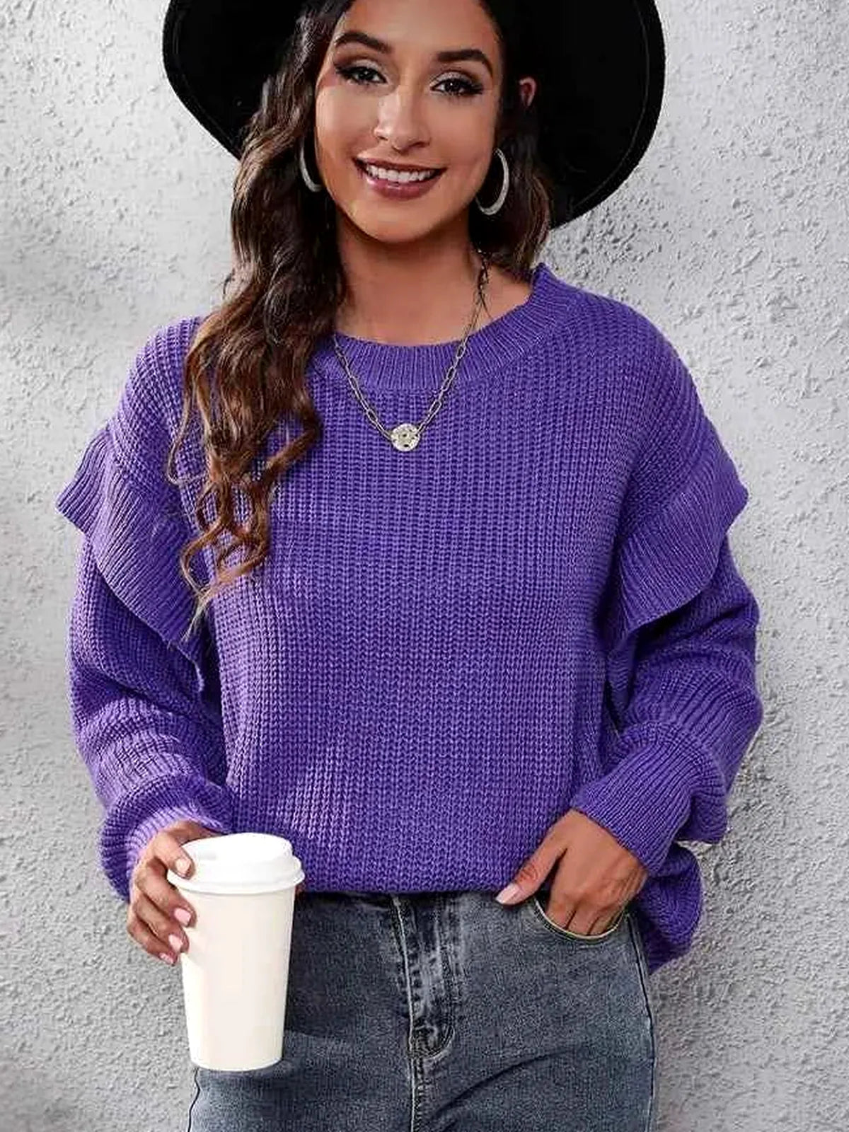Ruffled Round Neck Dropped Shoulder Ribbed Sweater