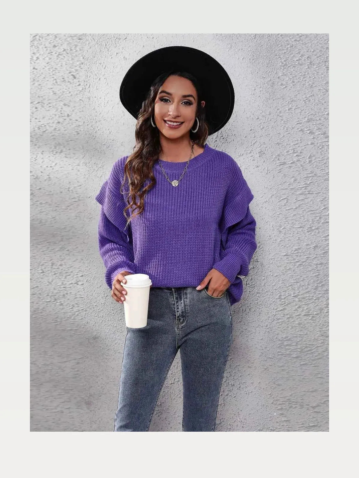 Ruffled Round Neck Dropped Shoulder Ribbed Sweater