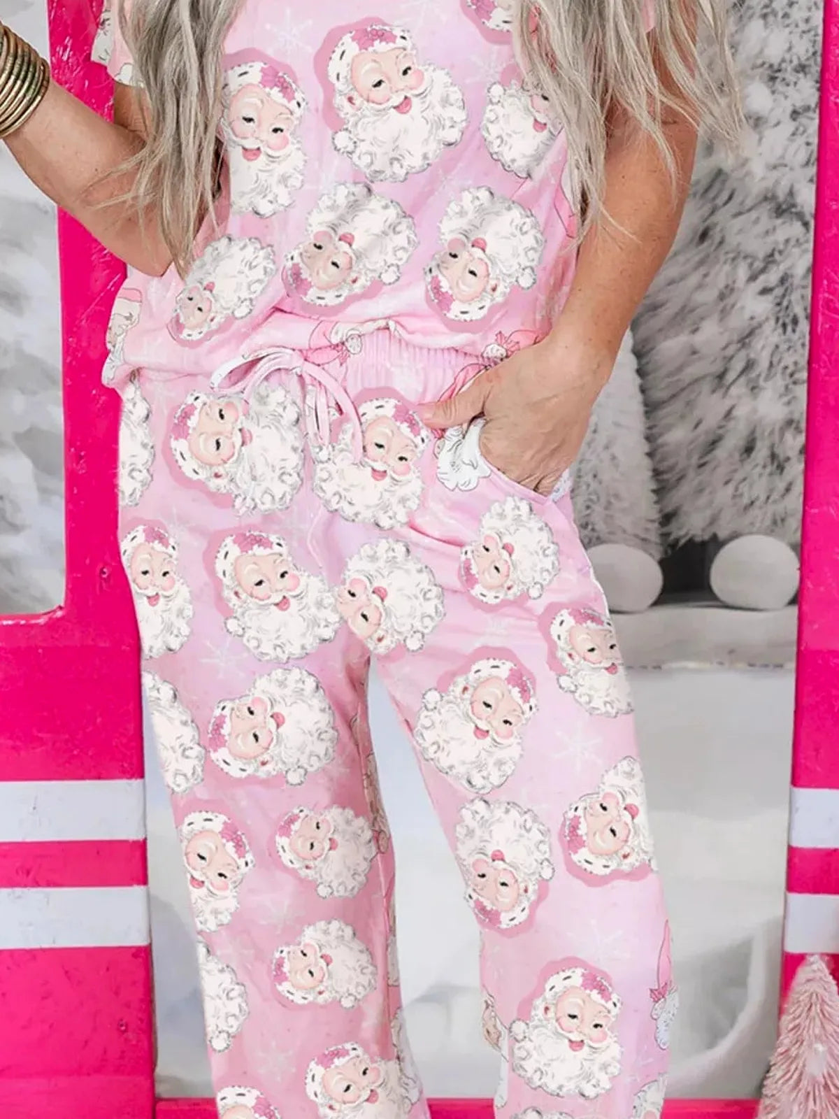 Santa Claus Print V-Neck Tee and Drawstring Pants Lounge Set