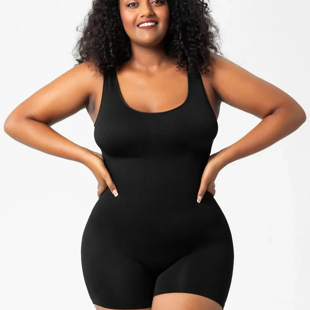 Scoop Neck Wide Strap Ribbed Shaping Romper