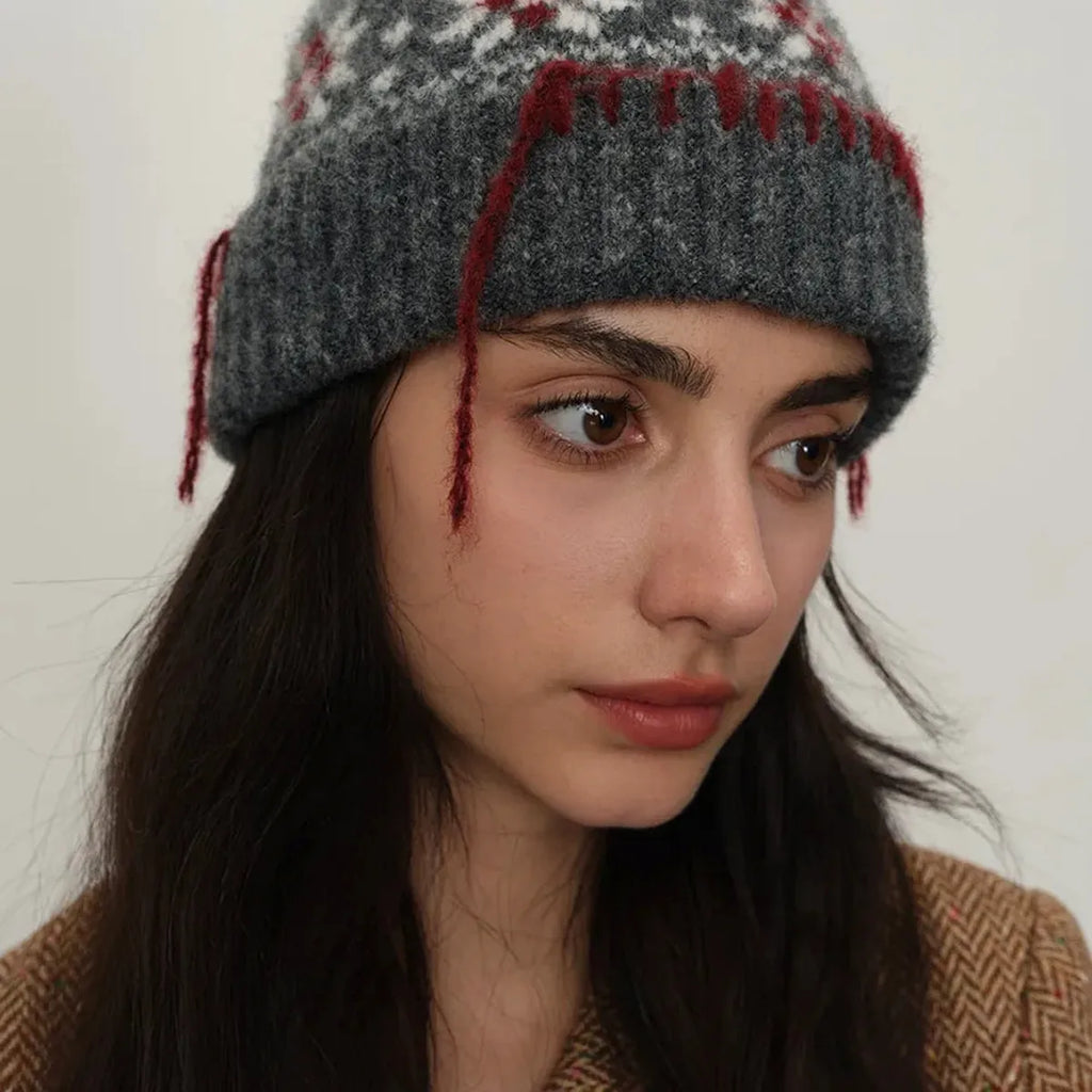 Geometric Fair Isle Knit Beanie with Seam Trim and Pompom