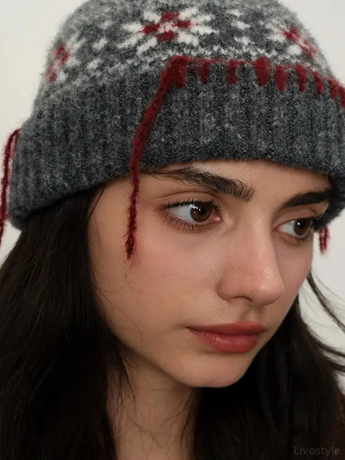 Geometric Fair Isle Knit Beanie with Seam Trim and Pompom