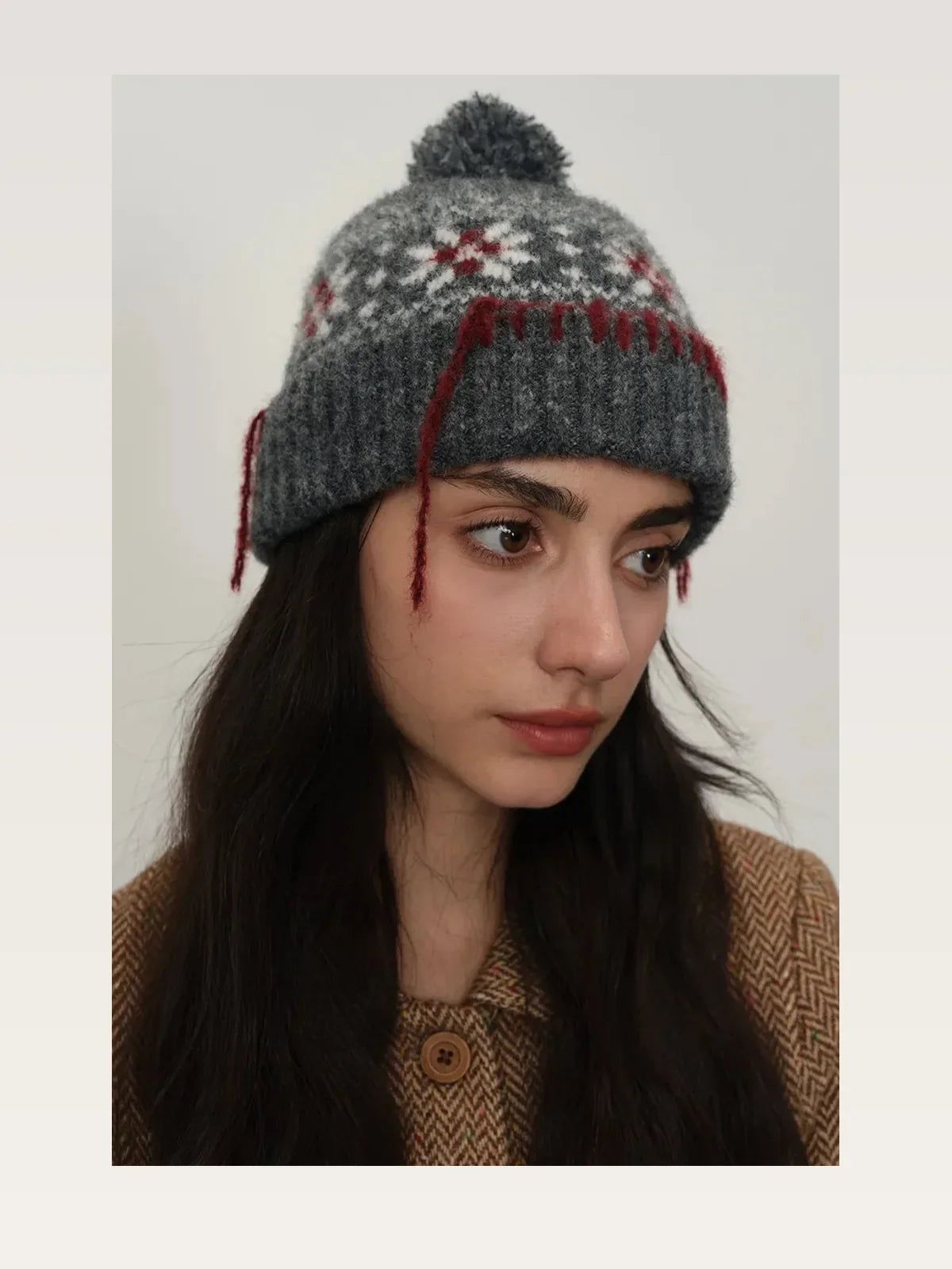 Geometric Fair Isle Knit Beanie with Seam Trim and Pompom