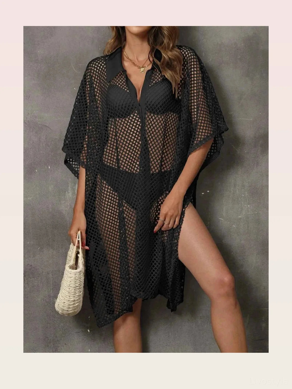 Sheer Mesh Button Up Collared Beach Cover-Up Shirt
