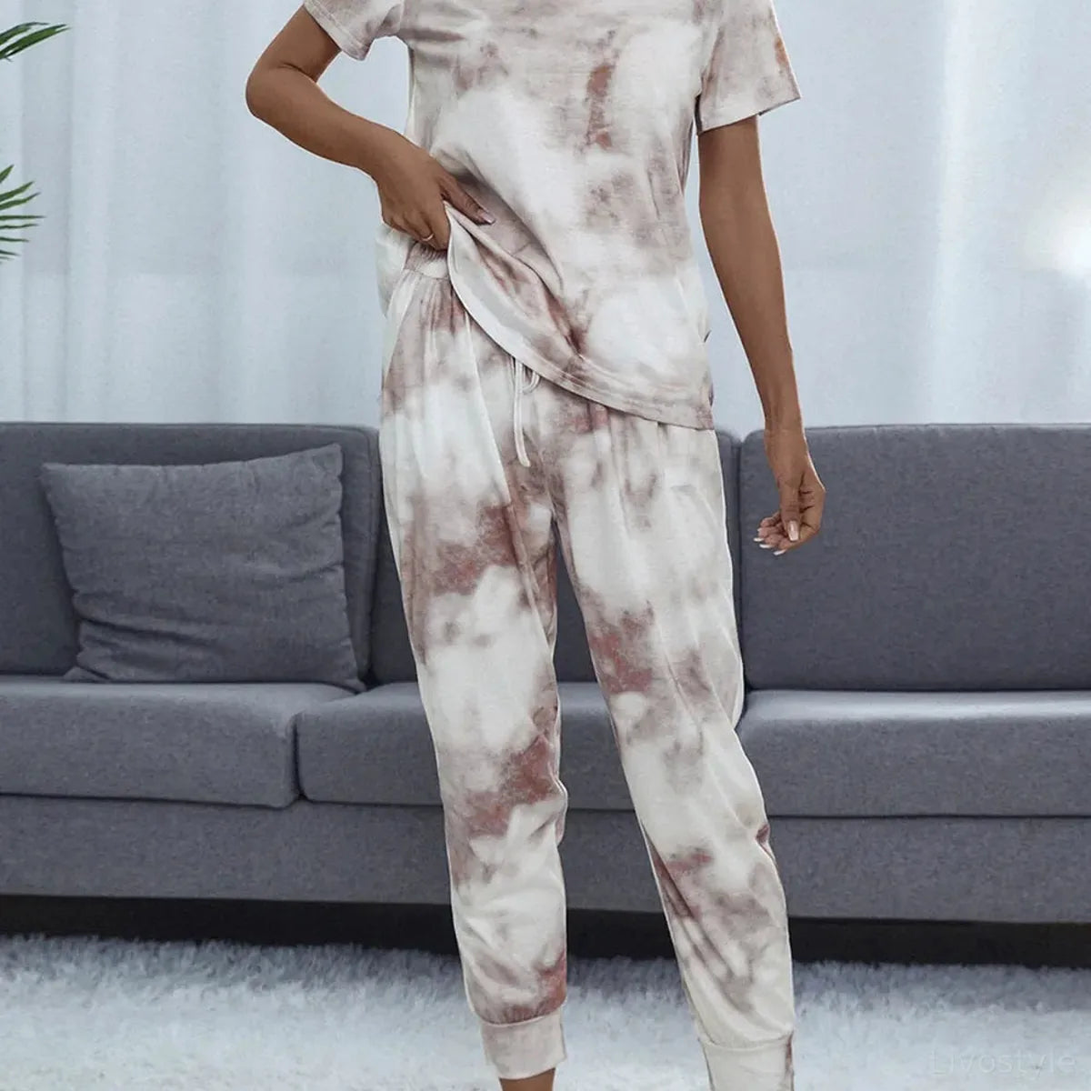 Shiny Tie-Dye Short Sleeve Top and Pants Lounge Set