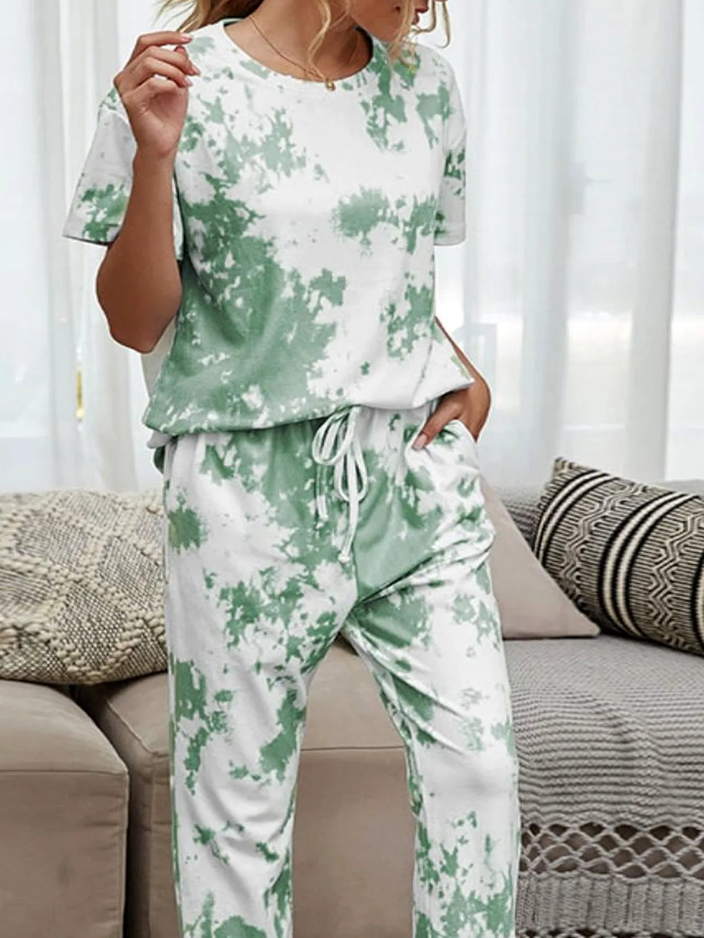 Shiny Tie-Dye Tee and Drawstring Joggers Lounge Set