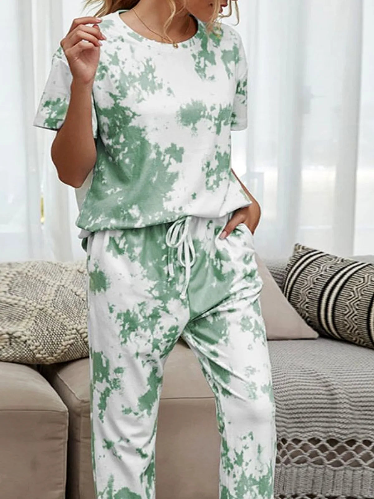 Shiny Tie-Dye Tee and Drawstring Joggers Lounge Set