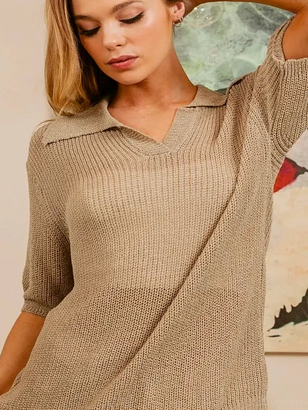 Short Sleeve Knit Top with Polo Collar