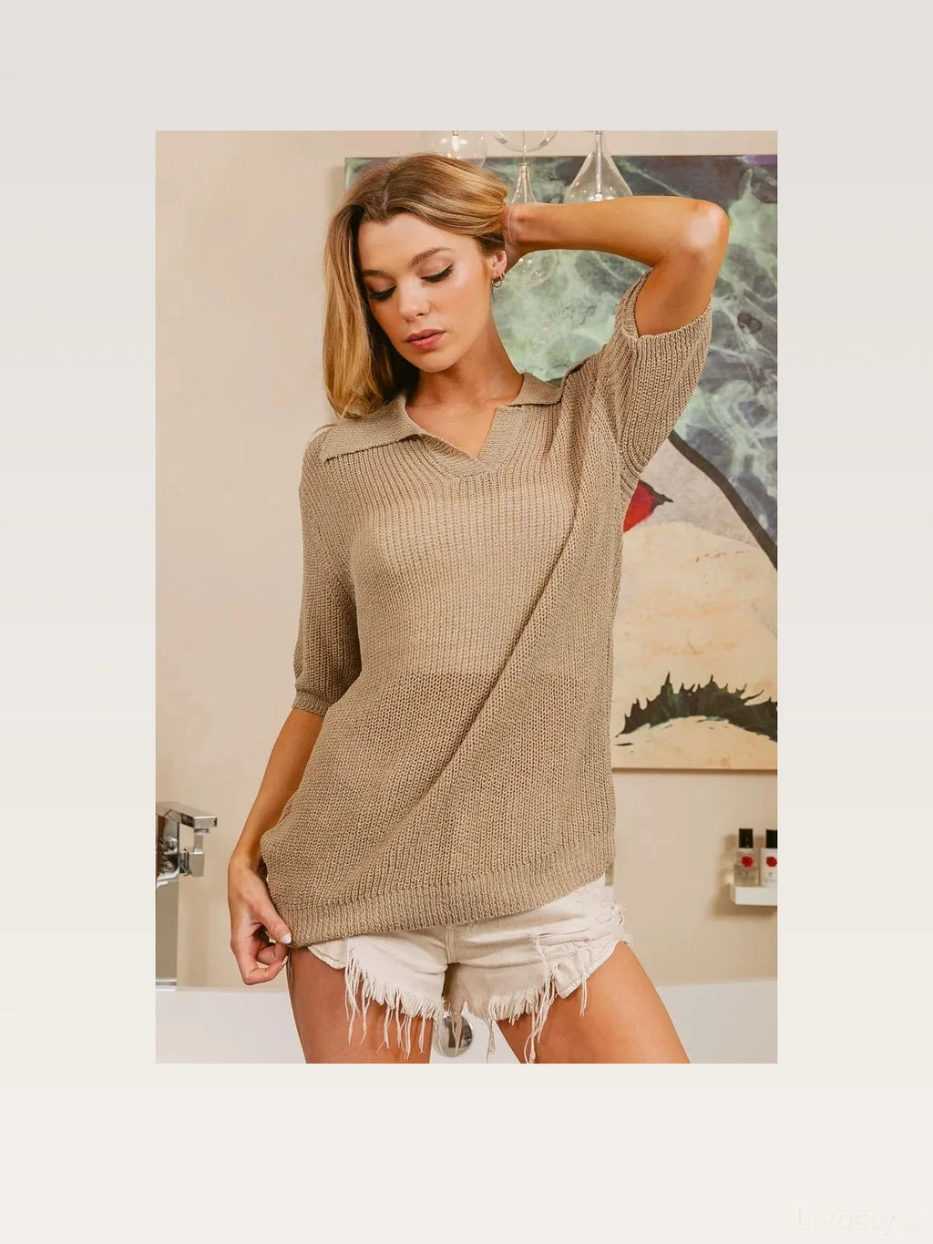 Short Sleeve Knit Top with Polo Collar