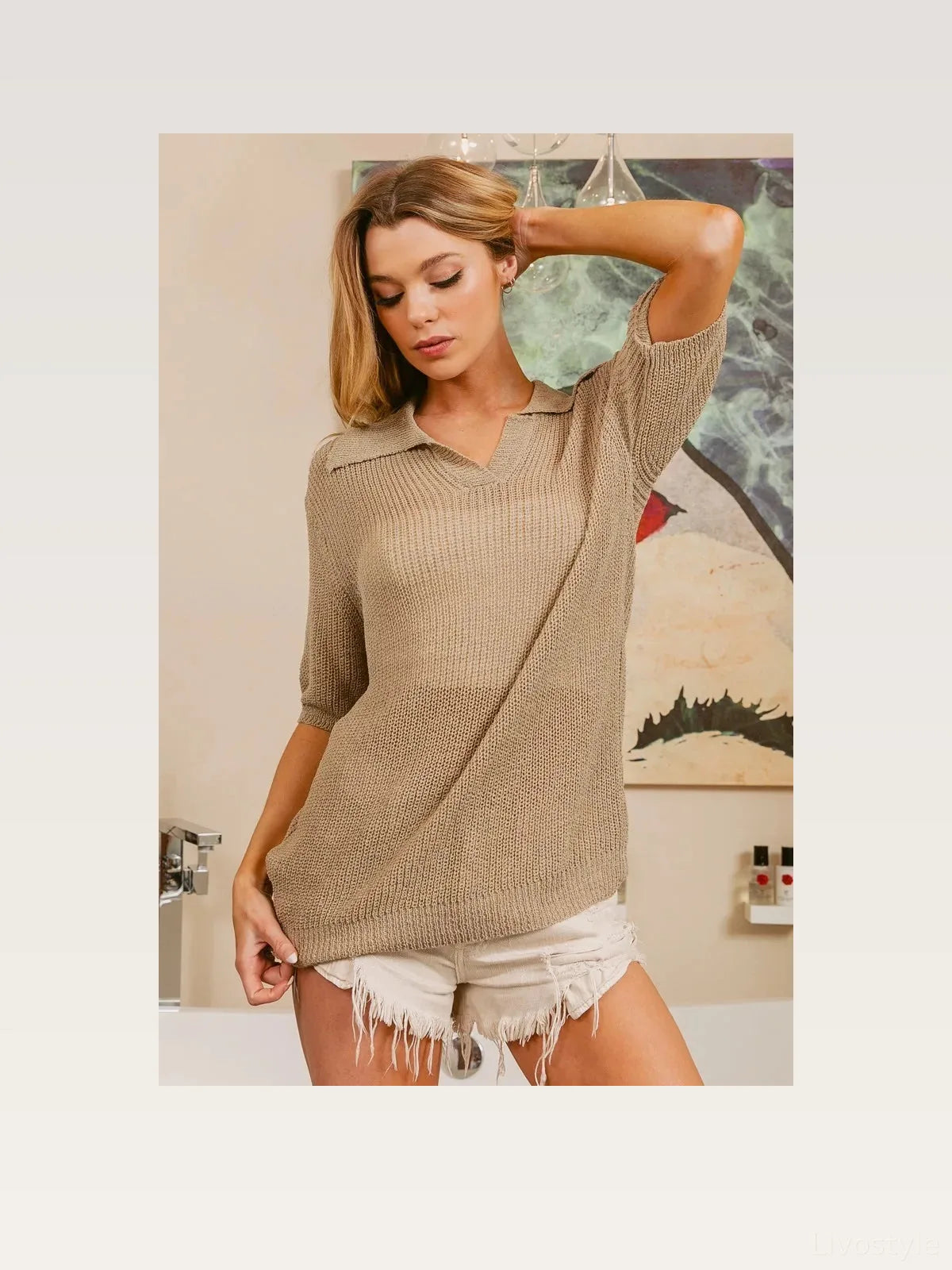 Short Sleeve Knit Top with Polo Collar