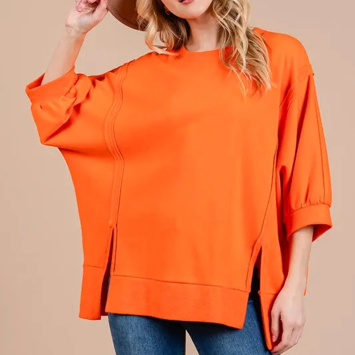Side Slit Puff Sleeve Drop Shoulder Sweatshirt