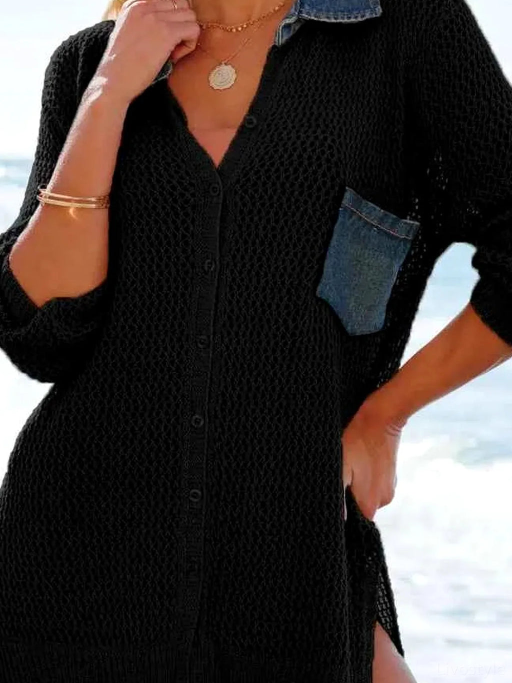 Side Slit Openwork Collared Neck 3/4 Sleeve Cover-Up
