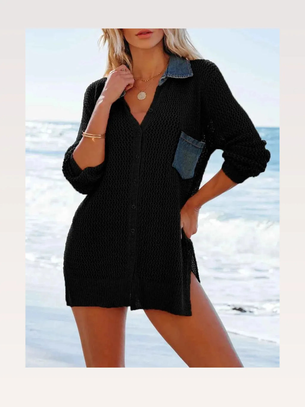 Side Slit Openwork Collared Neck 3/4 Sleeve Cover-Up