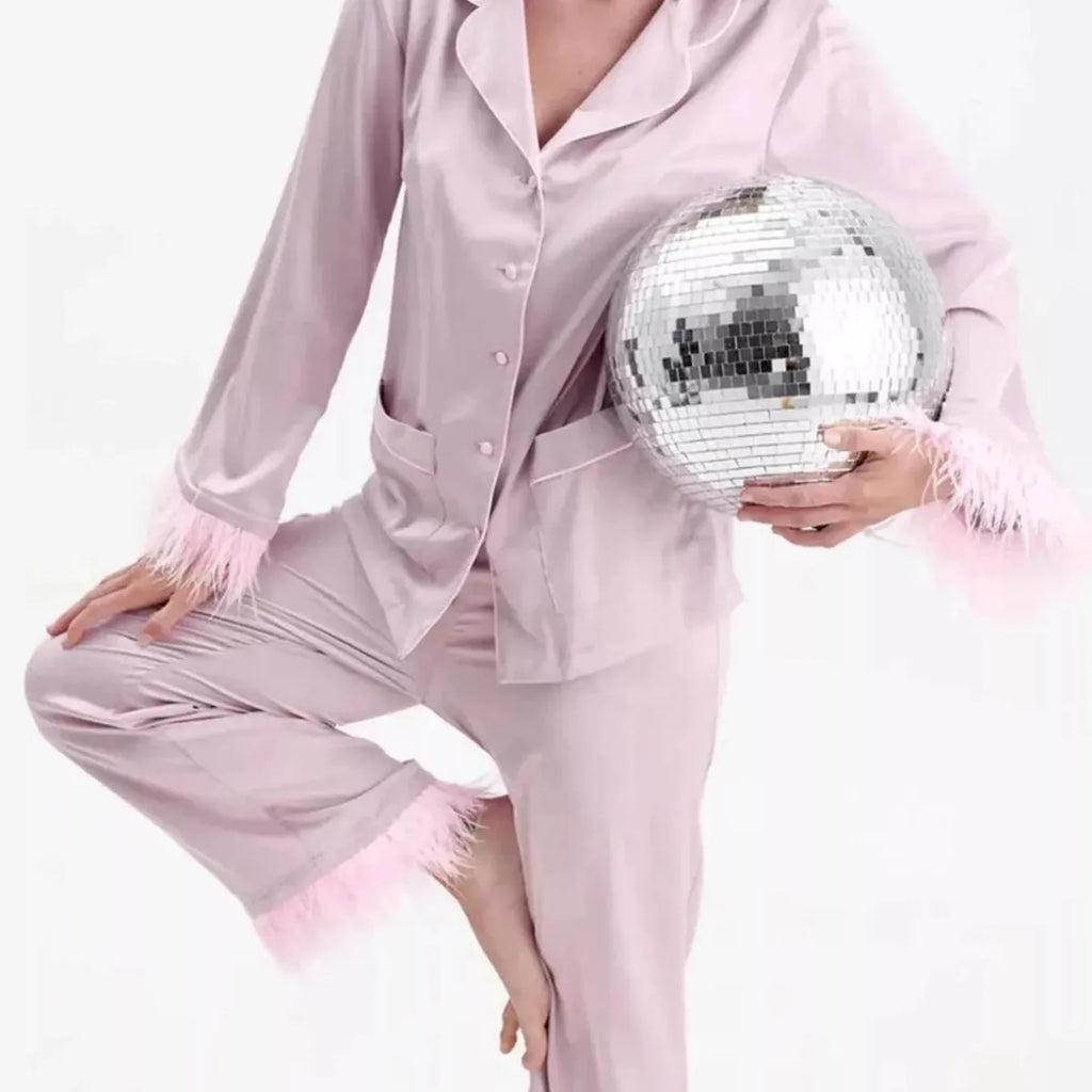 Silky Button Up Top and Pants Pajama Set with Feather Trim