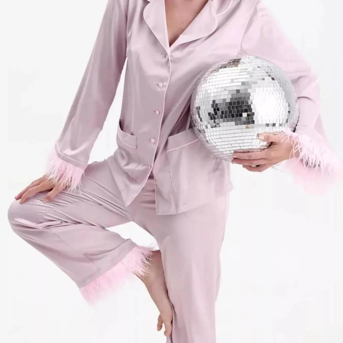 Silky Button Up Top and Pants Pajama Set with Feather Trim
