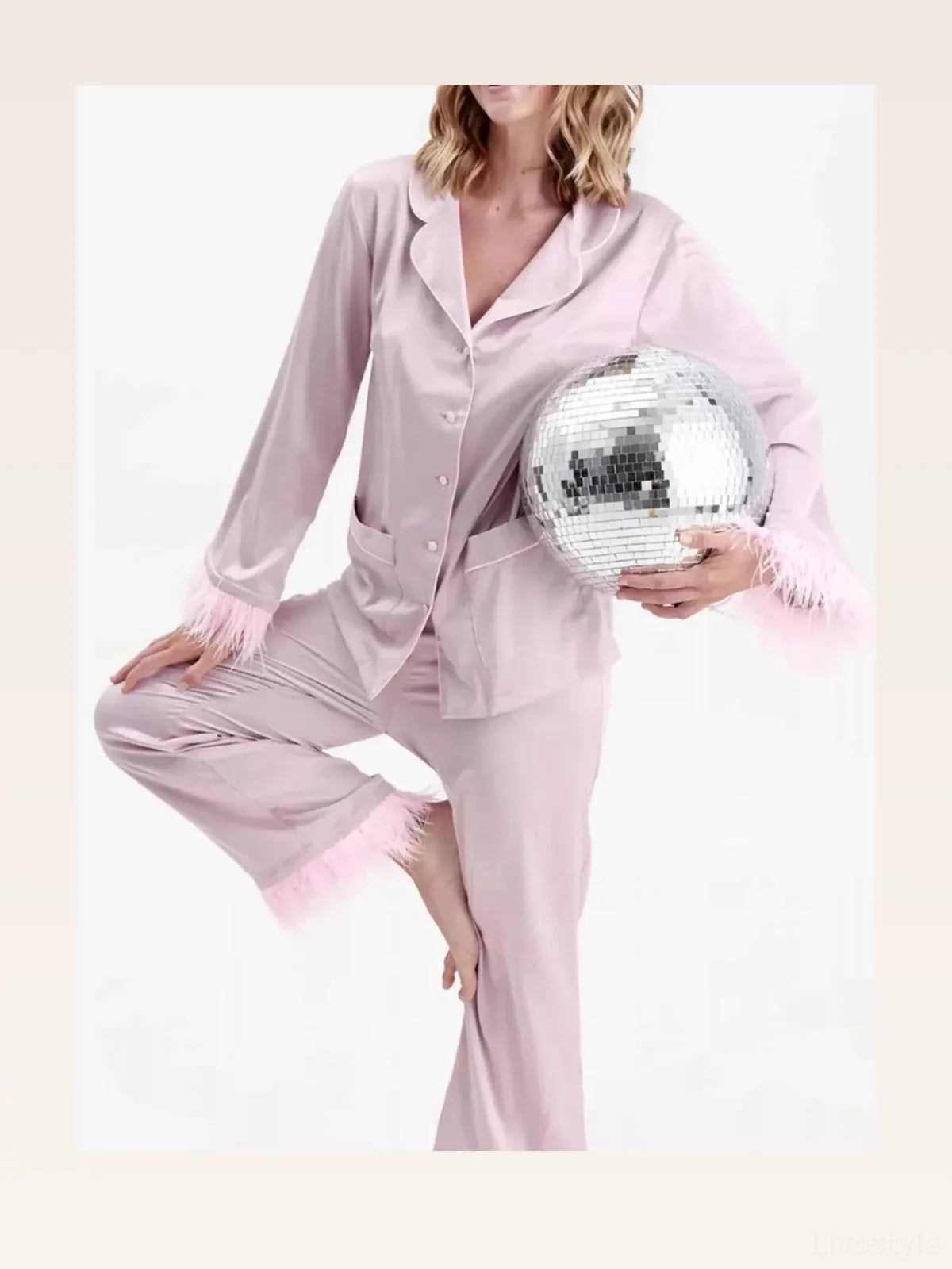 Silky Button Up Top and Pants Pajama Set with Feather Trim