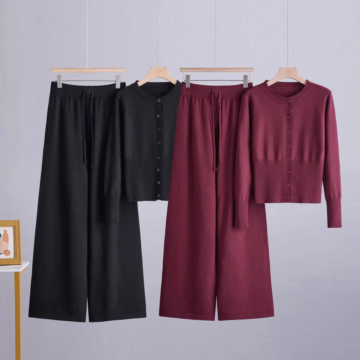 SITRA Women's Casual Retro Cardigan Wide Leg Pants Set