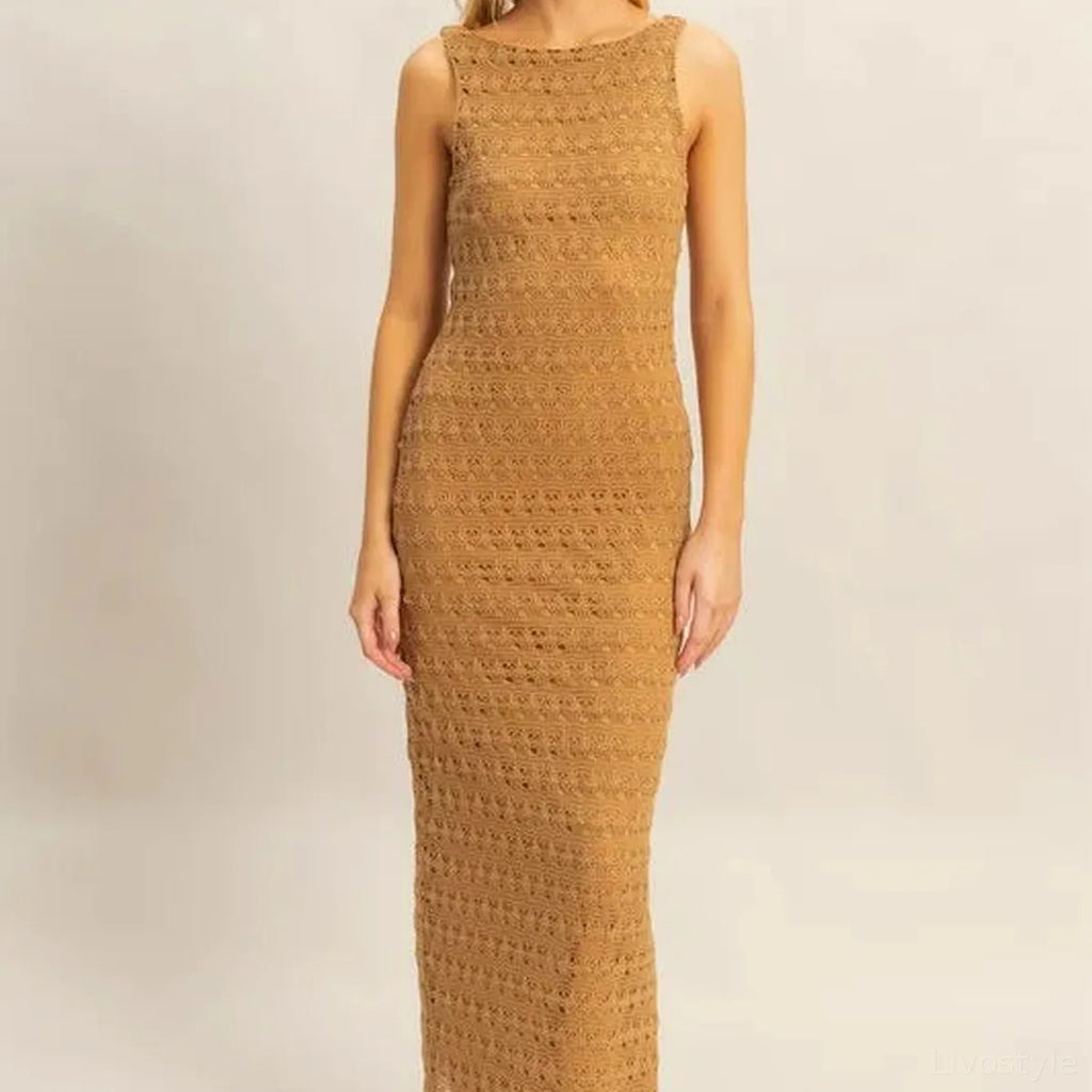 Bohemian Crochet Sleeveless Maxi Dress with Open Back