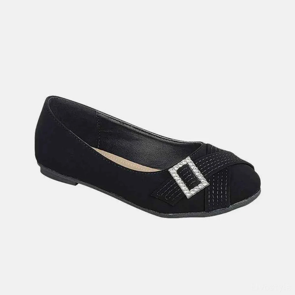 Faux Suede Rhinestone Buckle Ballet Flats