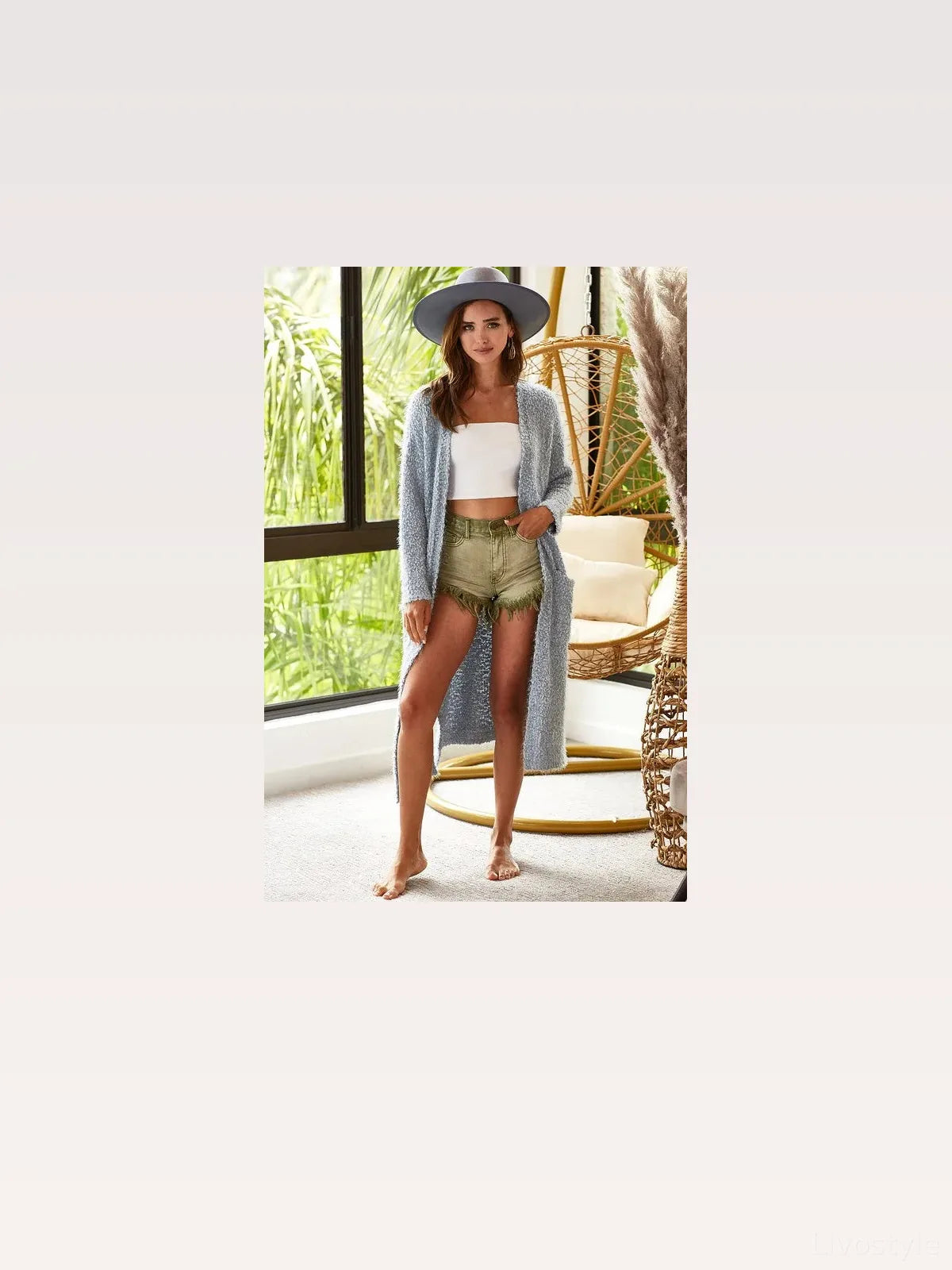 Longline Open Front Cardigan with Pockets in Fuzzy Acrylic Knit
