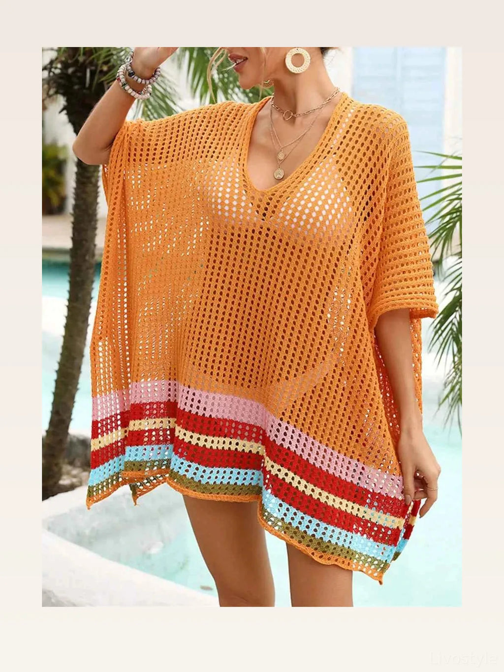 Slit Openwork V-Neck Half Sleeve Cover-Up