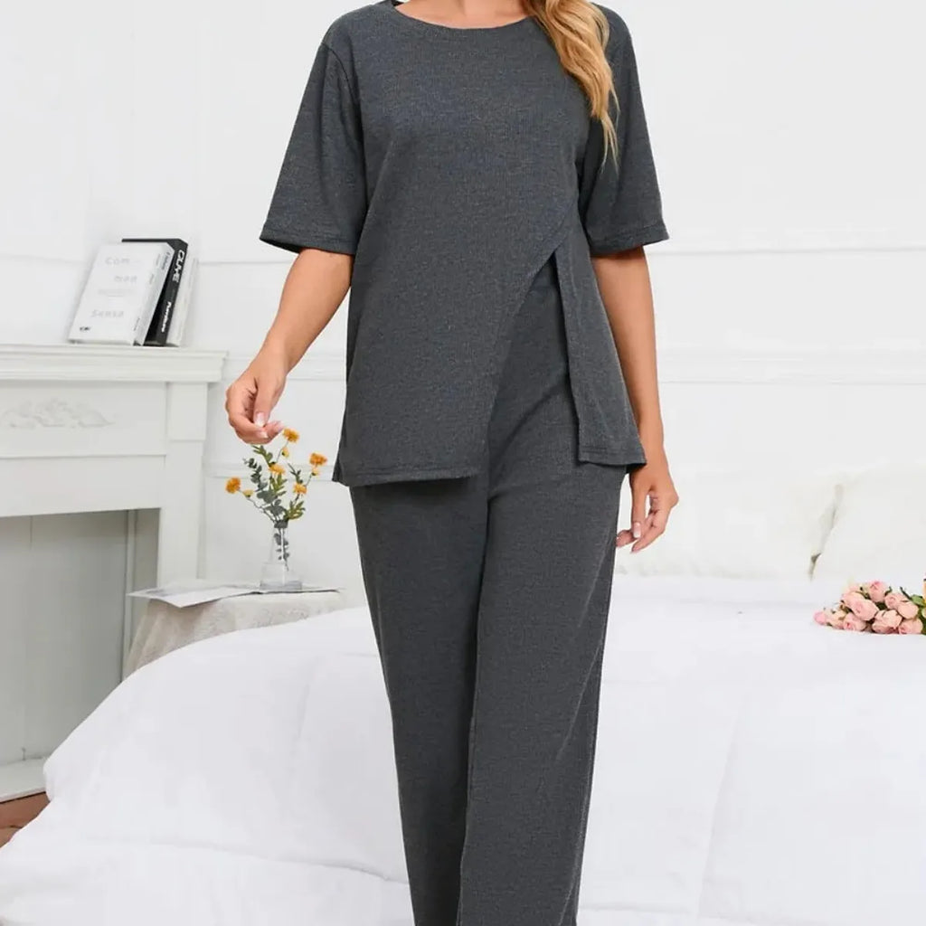 Split Front Short Sleeve Top and Pants Lounge Set