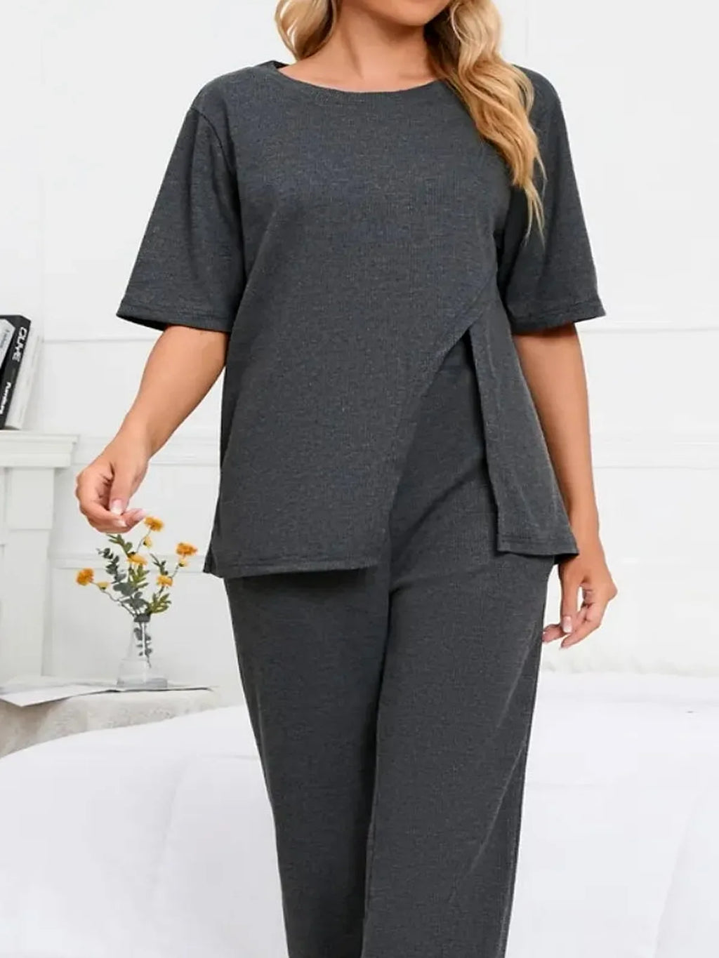 Split Front Short Sleeve Top and Pants Lounge Set