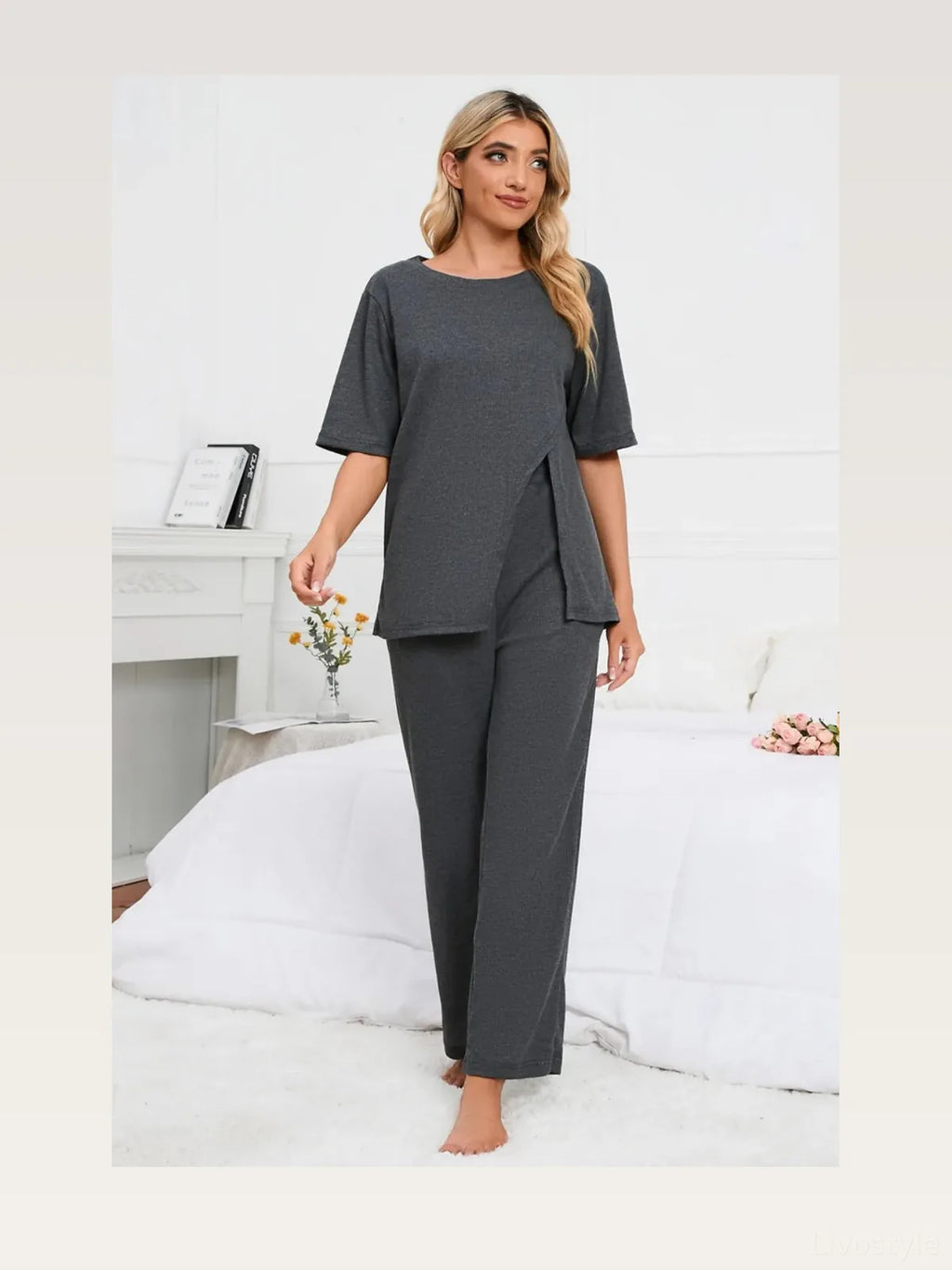 Split Front Short Sleeve Top and Pants Lounge Set