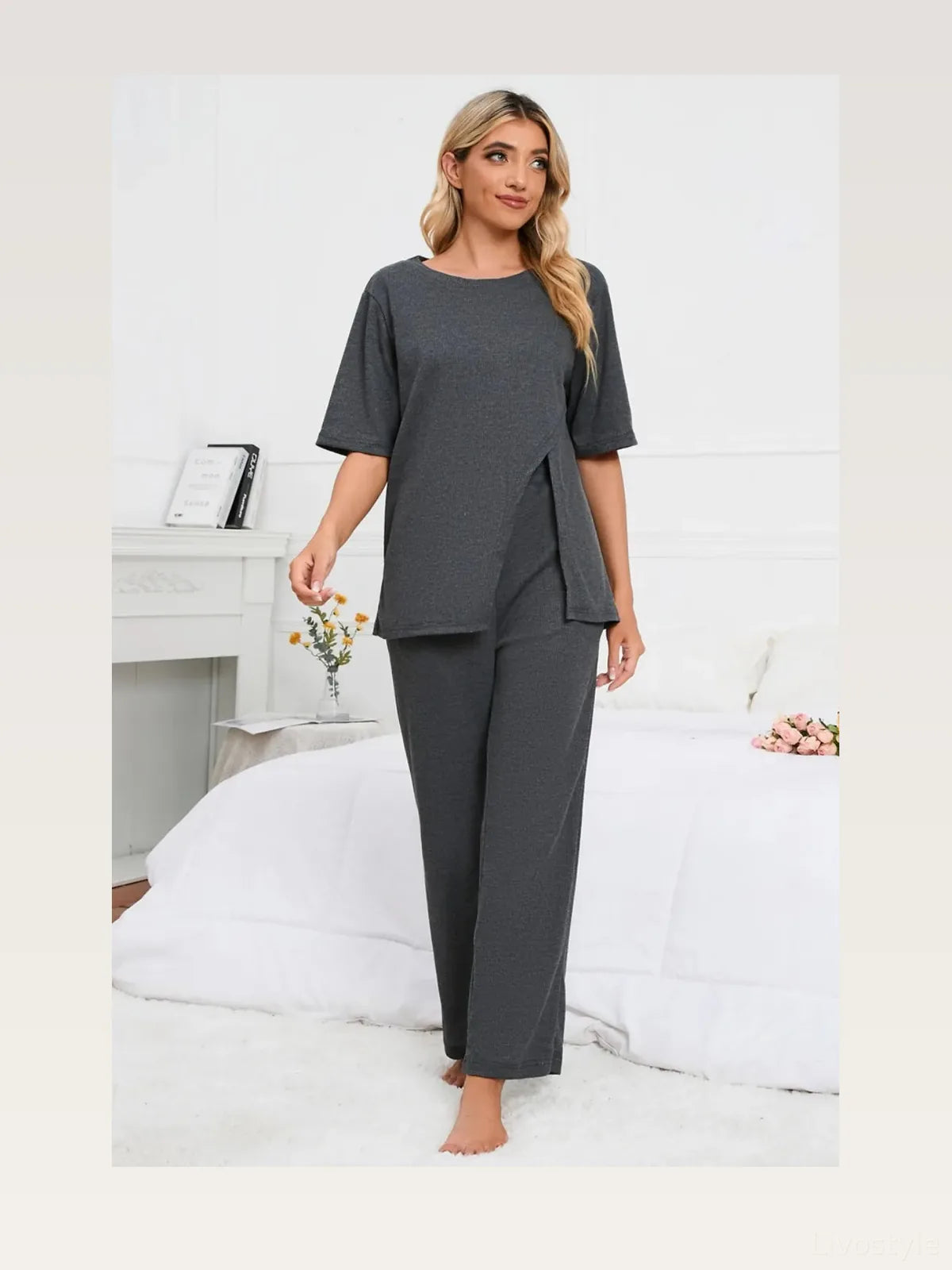 Split Front Short Sleeve Top and Pants Lounge Set
